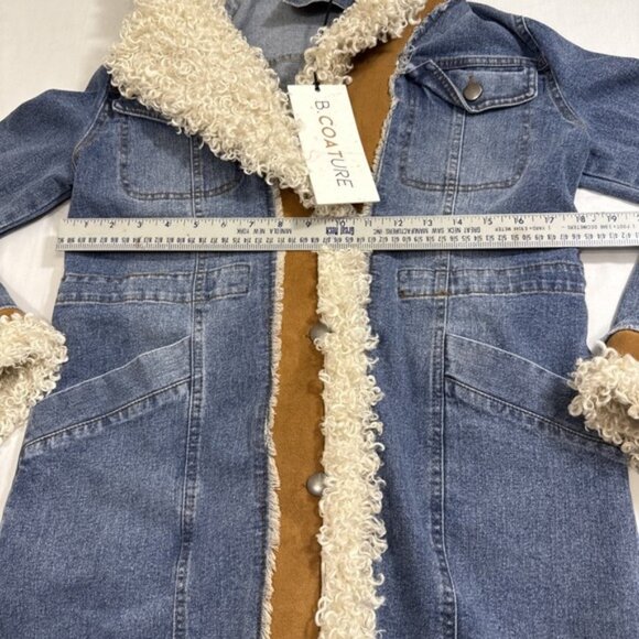 B. COATURE Long Duster Denim Jacket HOOD FAUX SUEDE FAUX SHERPA WOMEN SM NWT - Picture 7 of 11